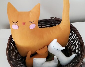 Cat stuffed animal toy family, Cat plush baby pillow nursery decor Kitty soft pillows, birthday cat lover gift for kids and babies