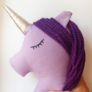 Unicorn plush doll purple gold nursery decor, unicorn pillow toy for baby girl bedrooms, stuffed animal toy gift for kids and baby girls image 1