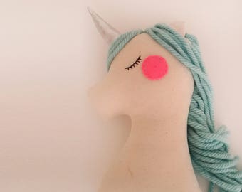 Unicorn gift pillow plush toy, mint unicorn nursery decor, animal pillow for baby toddler kids room, birthday gift for baby girls