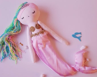 Mermaid princess doll, handmade mermaid fabric rag doll, baby shower birthday gift stuffed mermaid doll room nursery decor for baby girls