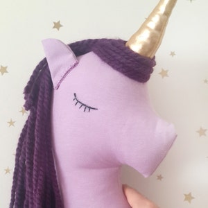 Unicorn plush doll purple gold nursery decor, unicorn pillow toy for baby girl bedrooms, stuffed animal toy gift for kids and baby girls image 3