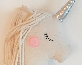 Stuffed Unicorn toy cushion baby pillow, silver white nursery decor pillow, unicorn plush animal toy party decor, baby shower birthday gift