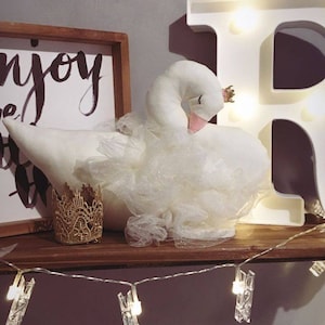 Swan doll soft nursery decor pillow, newborn baby girl birthday gift, Ready to Ship stuffed swan plush sculpture with pink and gold crown