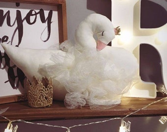 Swan doll soft nursery decor pillow, newborn baby girl birthday gift, Ready to Ship stuffed swan plush sculpture with pink and gold crown