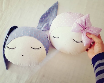 Sleeping beauty pillow, baby face plush pillow, bunny head plush pillow, bed pillows nursery decor, gift for baby showers