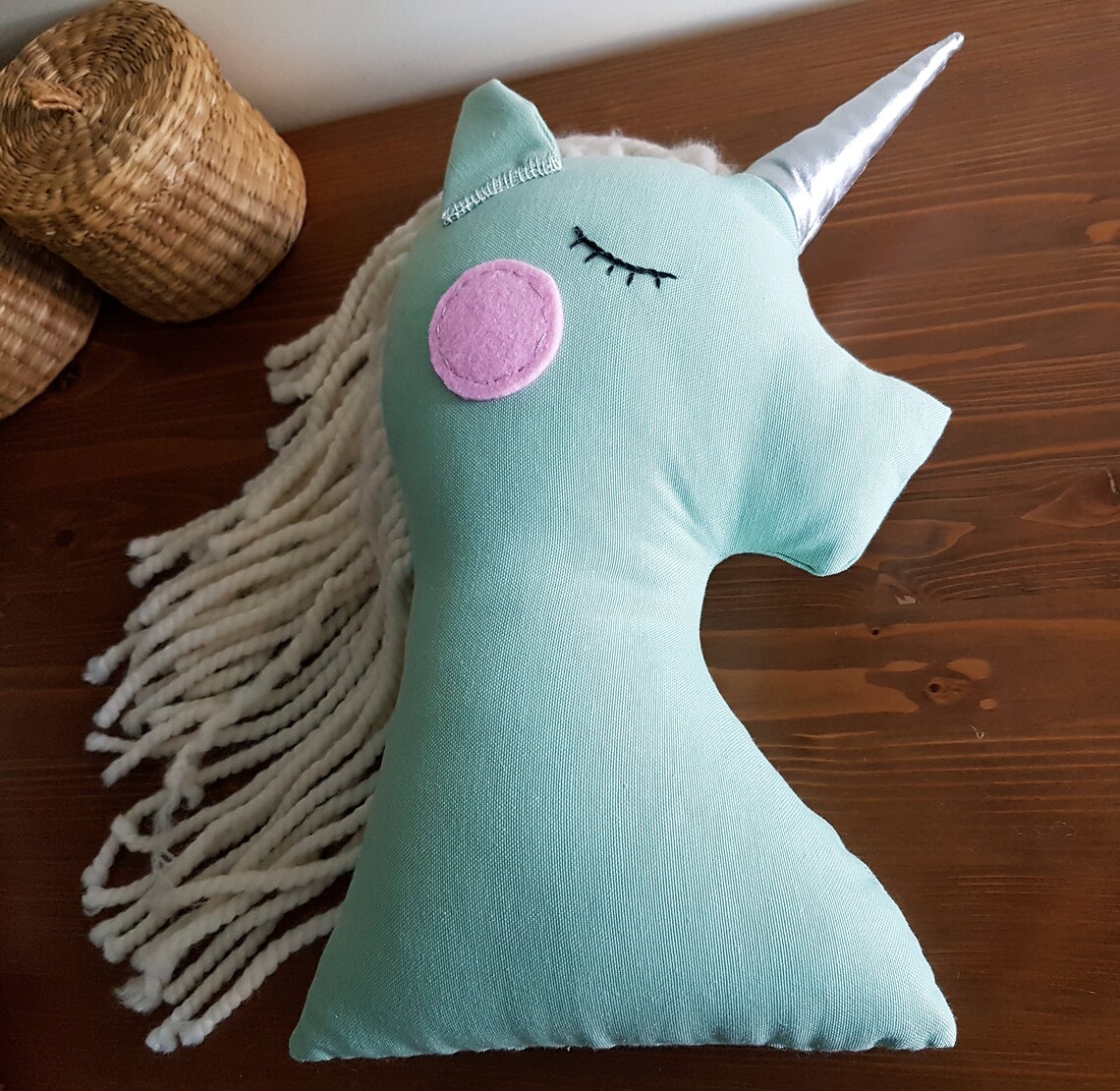 Stuffed Unicorn Plush Cushion Pillow Silver Horn Mint Nursery Etsy
