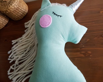 Stuffed Unicorn plush cushion pillow silver horn mint nursery decor, big animal pillow party decor, birthday gift for kids and baby girls