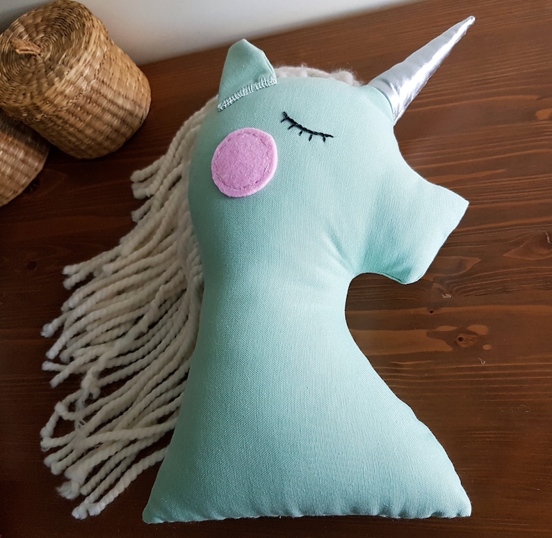 Stuffed Unicorn Plush Cushion Pillow Silver Horn Mint Nursery Etsy