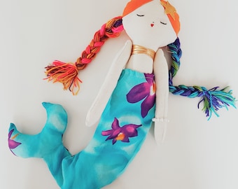 Mermaid doll, handmade mermaid fairy tale fabric rag doll, baby shower birthday gift stuffed mermaid doll room nursery decor for baby girls