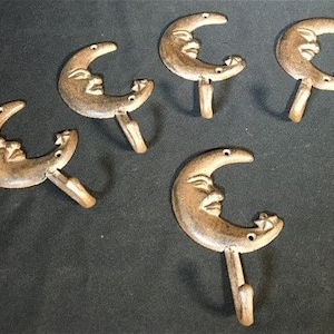 5 Cast Iron Man in the Moon Hooks, Rustic Hardware, Wall Mount Hardware Hooks Wall Mount Farmhouse Hardware, Moon Hooks, Moon Hardware