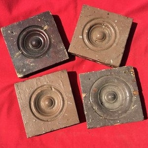 4 Plinth Blocks, Antique Bullseye Rosettes, Architectural Salvage, Wood Trim A4 Woodwork Corner Block, Vintage Wood Molding, Door Window Fra