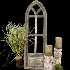 Light Paneled American Gothic Style Wood Window Frame, Arched Farmhouse B, Cathedral Window, Wood Window Wall Decor Faux Window Frame