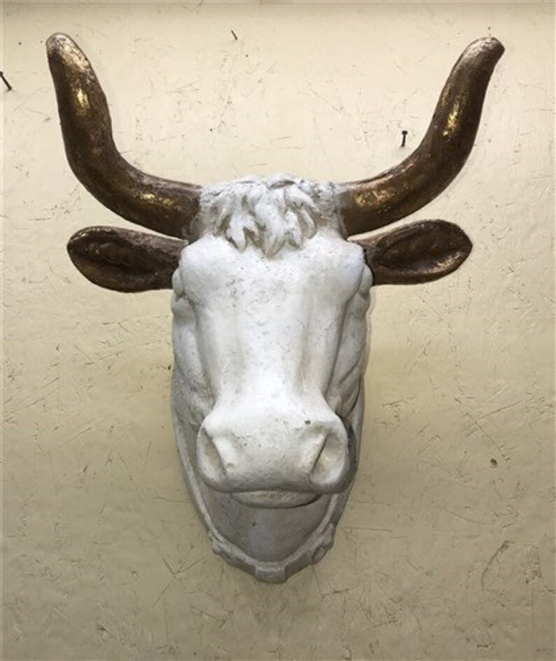 Large Plaster Cow Bull Steer Head White Gold Wall Mount Horns Etsy