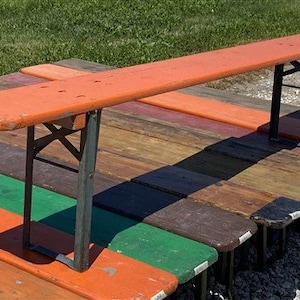 Vintage German Beer Garden Folding Bench, Collapsible Industrial Wood Seat GB12
