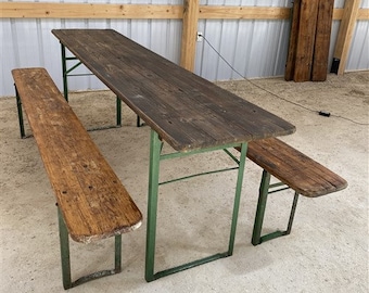 Wood Vintage German Beer Garden Table and Benches, Oktoberfest Picnic Table, D64, Patio Furniture Table, Folding Table, Portable Table