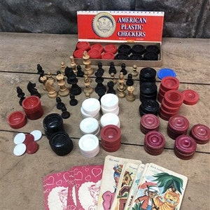 Game Pieces Lot, Plastic Checkers, Wood Chess Pieces, Vintage Replacement Parts, Checker Game Pieces, Chess Game Pieces, Replacement Parts