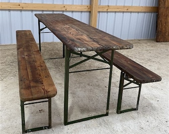 Wood Vintage German Beer Garden Table and Benches, Oktoberfest Picnic Table, D40, Patio Furniture Table, Folding Table, Portable Table