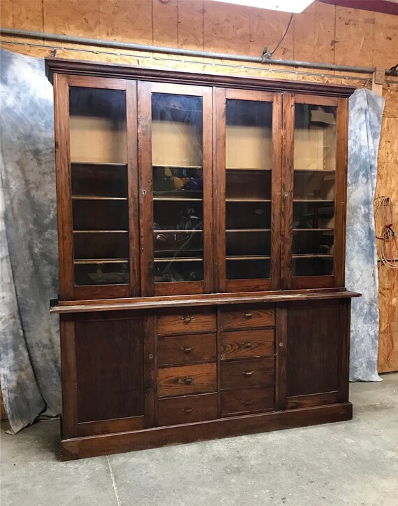 8 Antique Display Cabinet Glass Doors Bookcase China Curio Kitchen Apothecary Pharmacy