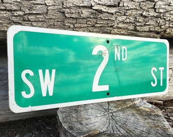 SW 2nd ST Street Sign, 9x24 Vintage Green Road Sign, Metal Road Sign, F