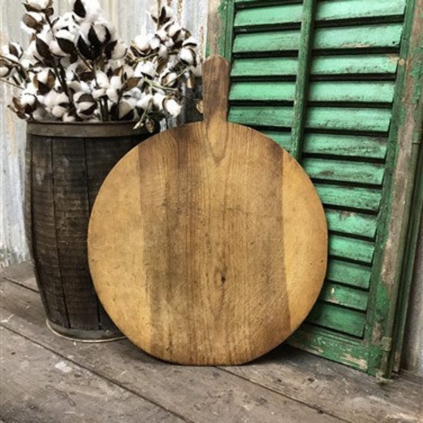 Vintage Round French Cutting Board, Rustic Wood Bread Board, Charcuterie Board a Cheese Board, with Handle, Serving Board, Chopping Board