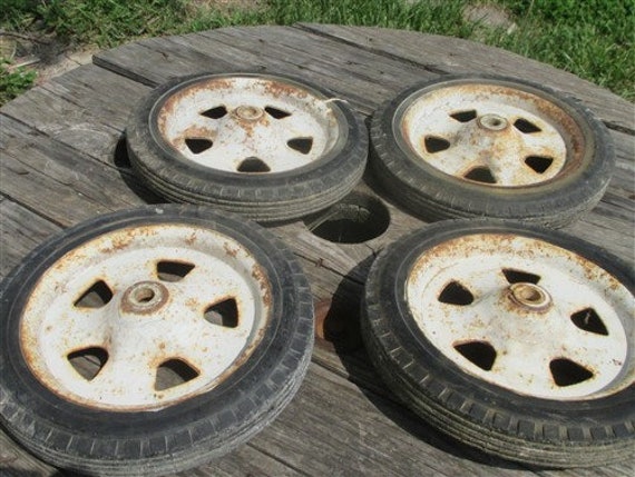 4 Vintage Metal Baby Buggy Wheels Pedal Cart Garden 4 Vintage Metal Baby Buggy Wheels Pedal, Vintage Garden Cart Wheels