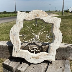 White Mini Clover Wood Metal Window Frame, Architectural, Brown Highlights. Farmhouse Decor, Wall Art, Gothic Wood Window Frame.