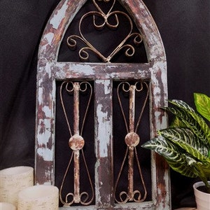 Blue Metal Heart Wood Window Frame, Arched Architectural Rustic Wall Decor A, Wall Panel, Gothic Home Decor, Gothic Wall Hanging