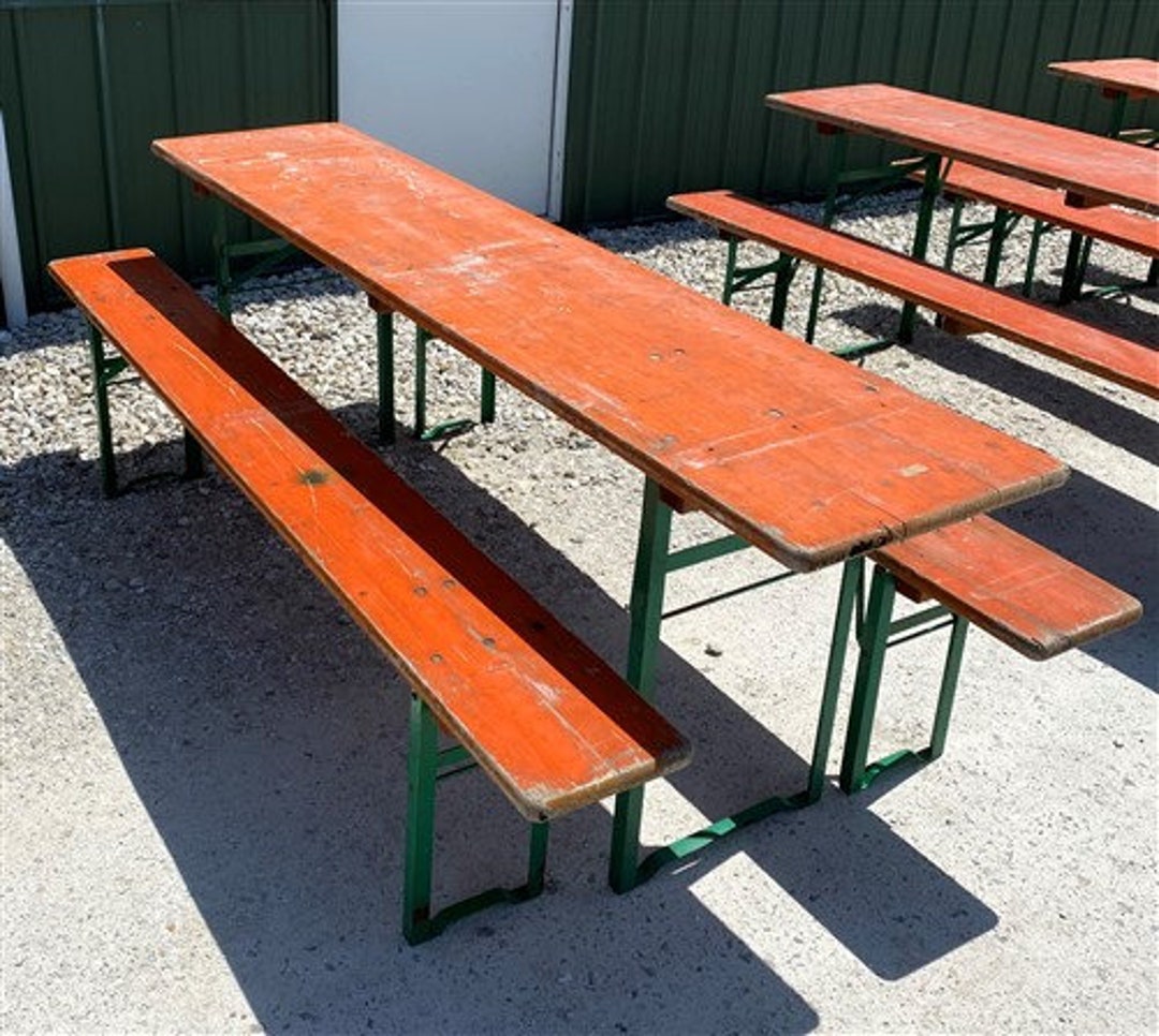 Wood Vintage German Beer Garden Table and Benches, Oktoberfest Picnic