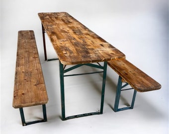 Wood Vintage German Beer Garden Table and Benches, Oktoberfest Picnic Table, D54, Patio Furniture Table, Folding Table, Portable Table