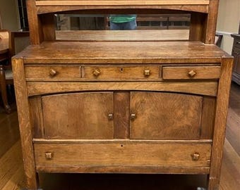 Mission Oak Buffet, Vintage Sideboard Cabinet with Mirror, Arts & Crafts Server