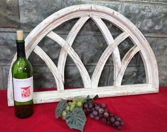 Half Arched Circle Church Cathedral Wood Window, Rustic White Faux Window Frame Gothic Moon Window Wall Decor Wall Hanging, Farmhouse Window