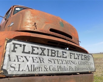 1880s-90s Flexible Flyer Sleds Sign, 2 Sided Canvas on Wood Advertising Sign,