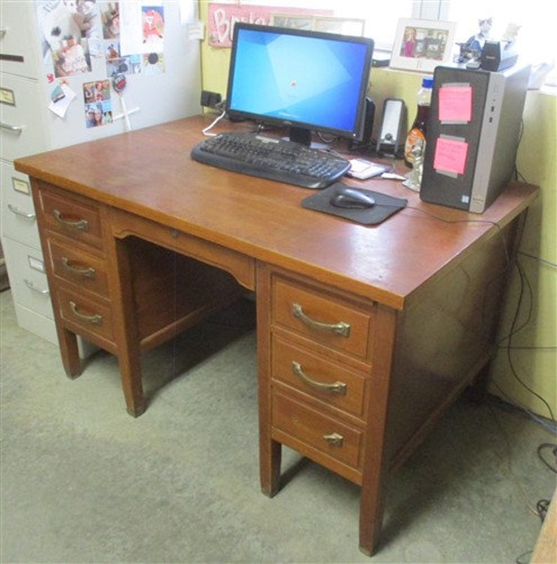 School Teacher Wood Desk Office 50 X 32 Oak Library Table Vintage Mid Century Secretary Furniture Home