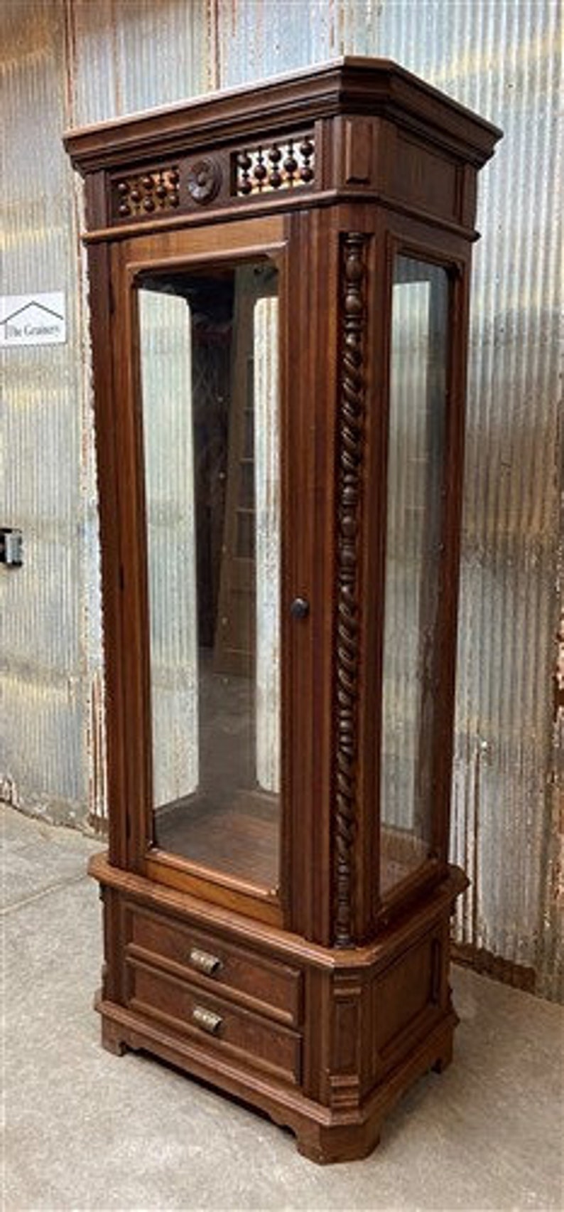 Walnut Display With Glass Doors Vintage Curio Etsy