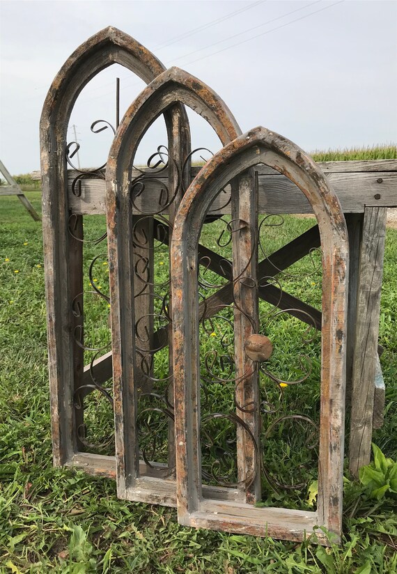 3 Gray Gothic Arched Window Frames Architectural Wood Metal Etsy