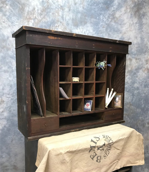 Antique Railroad Cabinet Primitive Post Office Mail Sorter Cubby Hole Postal Letter Wooden Desktop Organizer