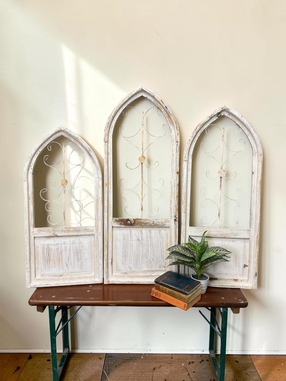 3 French Country Wood Metal Arched Window Frame, Distressed