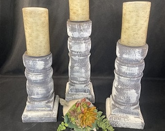 Set 3 Gray Wooden Pillar Candlestick Holders, Mantel Decor, Table Centerpiece, Wooden Candle Stands, Set Candle Stick Holders, Candle Decor