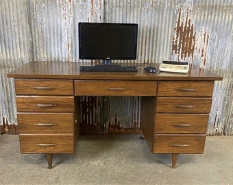 Vintage Mid Century Desk, Home Office Furniture, Desk with Drawers, Student Desk, Wood Office Desk, Wood Furniture, Home Office