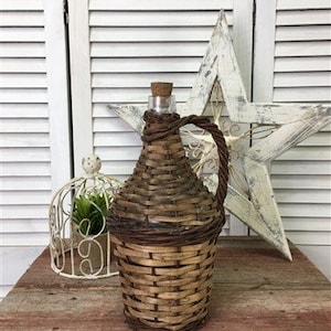 Small French Glass Demijohn Bottle, Woven Wicker Bottle, Rustic Farmhouse A2