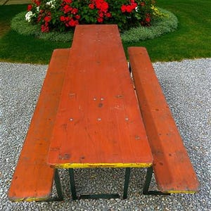 Vintage German Oktoberfest Beer Garden Table & Bench, Orange Outdoor Set A64
