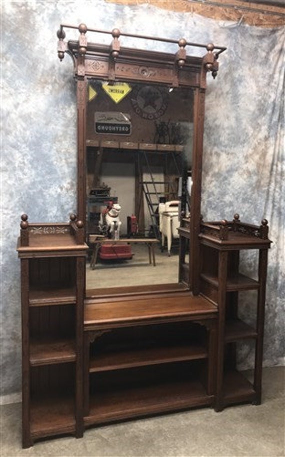 Walnut Hall Tree Entryway Coat Hat Rack Storage Organizer Mirror Wood Furniture Vintage Stand Victorian