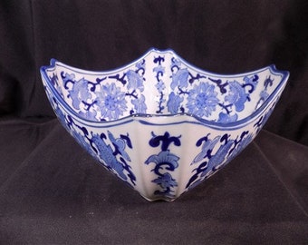 Square Blue & White Floral Bowl, Chinese Porcelain Decor, Asian Chinoiserie D