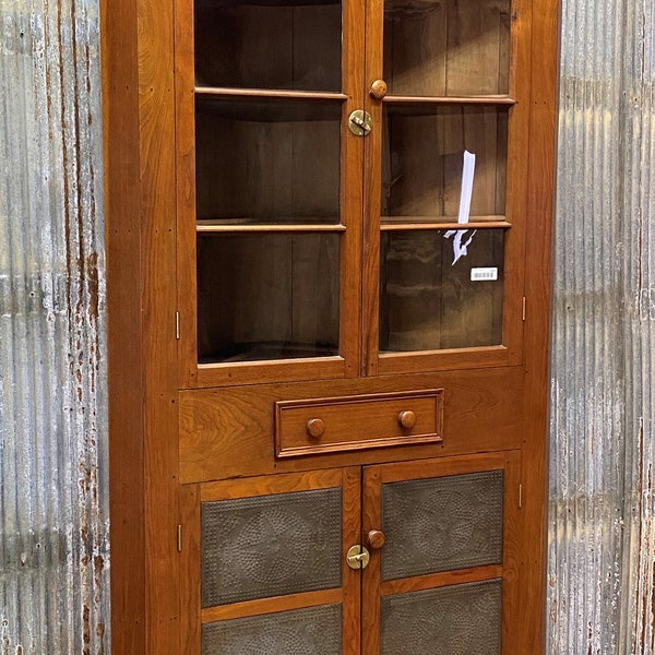 Primitive Glass Front Corner Cabinet, Display Case, Kitchen Pantry Cupboard