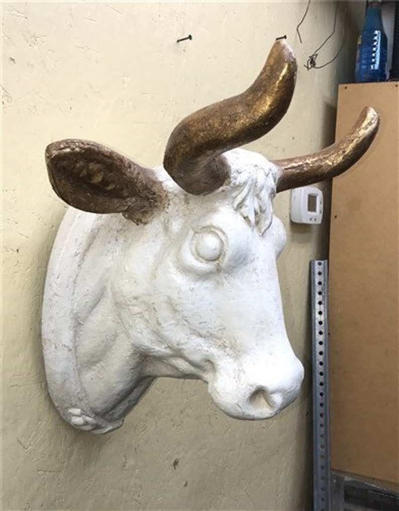 Large Plaster Cow Bull Steer Head White Gold Wall Mount Horns Etsy