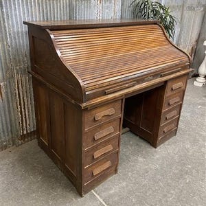 4&#39;2&quot; Roll Top Desk, Vintage Secretary Desk with Hutch Home/Office Desk Library A