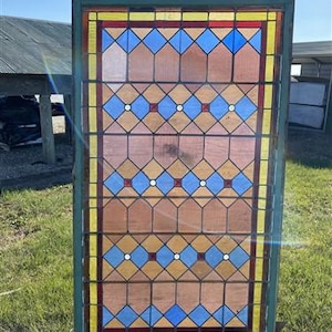 Antique Stained Glass Window, Rectangular Window, Architectural Leaded Glass, E2, Stained Glass Window Panel, Antique Window Frame