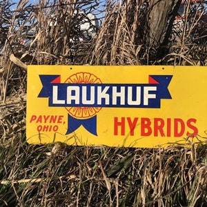 Laukhuf Hybrids, Vintage Metal Advertising Sign, Payne Ohio, Seed Corn Sign 20x9