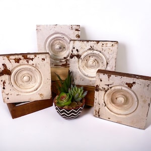 4 Plinth Blocks, Antique Bullseye Rosettes, Architectural Salvage Wood Trim C76