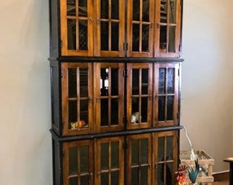 4'10" Triple Stack Cabinet, Black with Teak Doors, Kitchen Cabinet, Bookcase, D